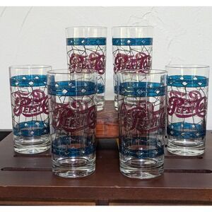 Vintage Pepsi-Cola Stained Glass Drinking Glass Set‎ of Six Excellent Condition